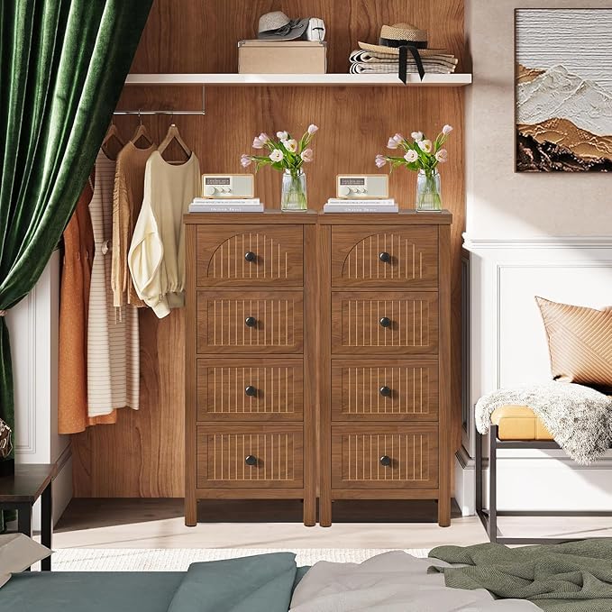 4 Drawer Dresser for Bedroom Set of 2, 36.81''Tall Modern Chest of Drawers with Fluted Panel, Wood Storage Dresser Organizer with Deep Drawers for Nursery Living Room Hallway (2, Walnut)