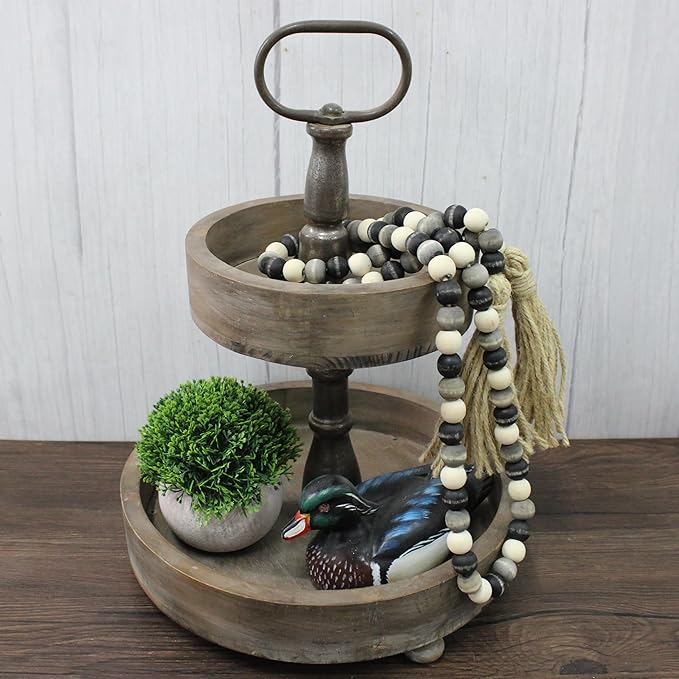 CVHOMEDECO. Wood Beads Garland with Tassels Farmhouse Rustic Wooden Prayer Bead String Wall Hanging Accent for Home Festival Decor. Black Grey Mix Distressed