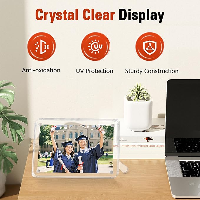 FIXSMITH 5x7 Acrylic Picture Frames 2 Pack, Clear Picture Frame with Stand, Magnetic Acrylic Photo Frames for Tabletop Display Horizontally or Vertically, Acrylic Floating Frame for Home Office