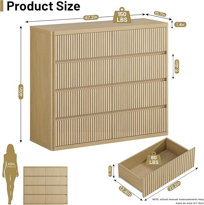 48" Wide Fluted Dresser with 8 Drawers, Modern Chest of Drawers with Deep Drawers, Handleless, Curved Profile, Wooden Storage Organizer for Bedroom, Living Room, Hallway, Natural