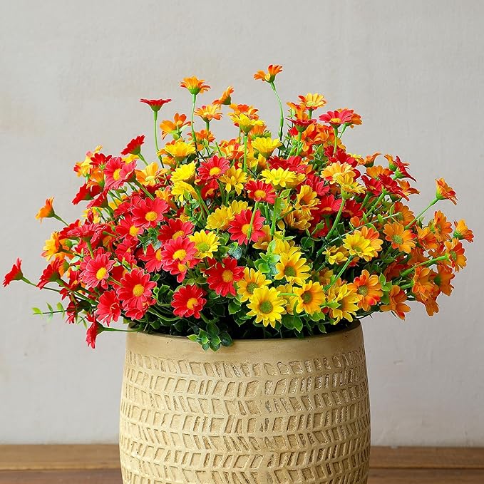 Fake Mums Artificial Flowers – 12 Bundles Fall Flowers for Outdoor Orange Display, Faux Chrysanthemums UV Resistant Silk Plants for Porch, Patio, Garden, Thanksgiving Decor (Red 5, Orange 5, Yellow 2)