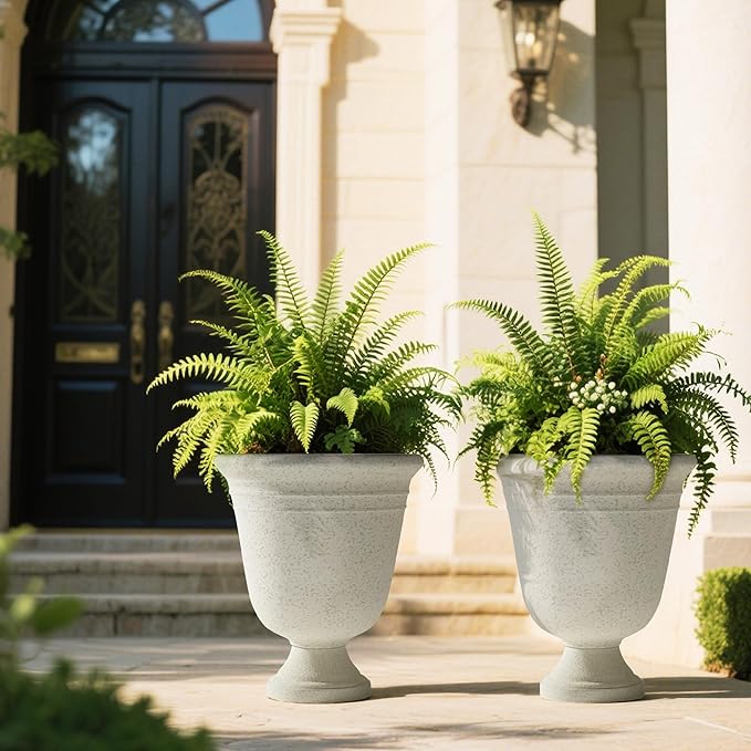 Worth Garden 2-Pack 19.5" H Plastic Urn Planters, Grayish White Large Lightweight Imitation Stone Textured Decorative Flower Plant Pots with Drainage Hole for Indoor Outdoor Patio Front Porch