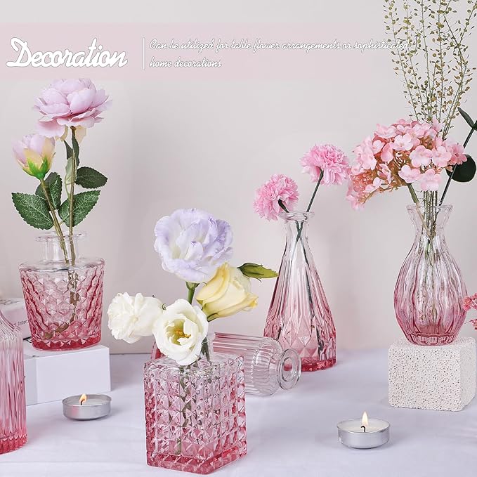 Pink Glass Bud Vase Set of 24, Small Flower Vases for Centerpieces in Bulk, Mini Vintage Vase for Wedding Decor, and Home Table Décor