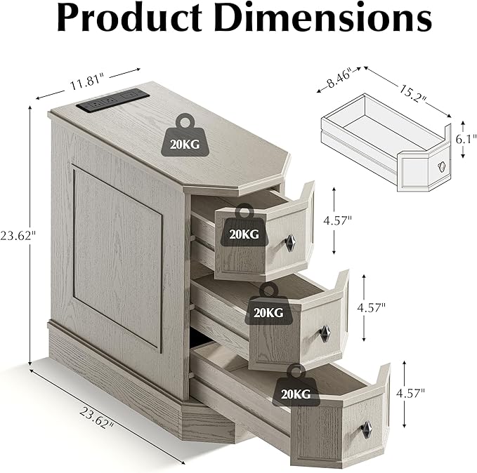 Nightstand with Charging Station, Vintage Wood End Table with 3 Drawer, Victoria Narrow Side Table, Slim Bedside Tables for Bedroom, Pre-Installation, Light Gray