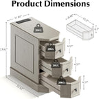 Nightstand Set of 2 with Charging Station, Vintage Wood End Table with 3 Drawer, Victoria Narrow Side Table, Slim Bedside Tables for Bedroom, Pre-Installation, Light Gray