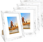 8x10 Picture Frame Set of 4, 8 x 10 Wood Photo Frames with Mat for 5x7, Rustic Natural Wooden Frame with Real Glass Cover for Wall and Tabletop Display,Distressed White
