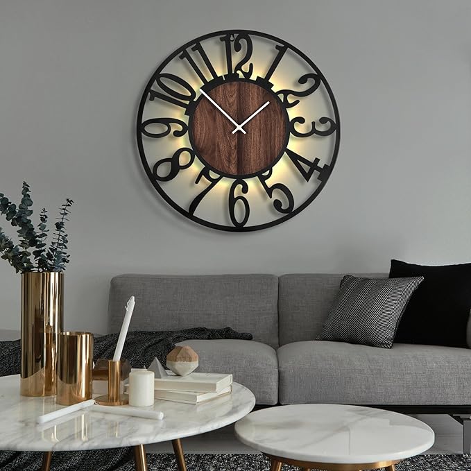 LEIKE Large Wall Clocks with Night Light Battery Operated,Silent Non Ticking,Rustic Modern Big Wood Clock for Living Room, Bedroom,Kitchen,Farmhouse,Office,Home Decor-30 Inch(Black-Arabic Number)