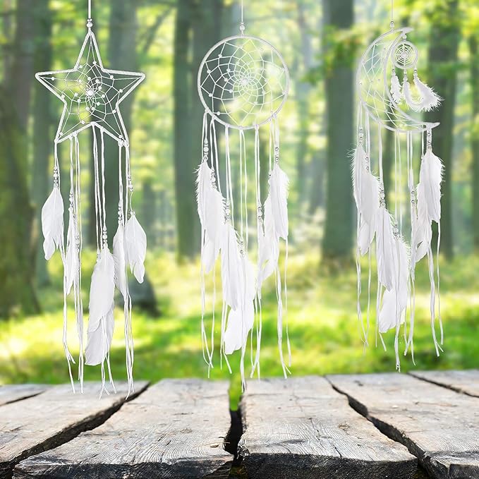 Jetec 3 Pcs Dream Catcher Moon Sun Star Design Handmade Traditional Craft Ornament Wall Hanging Home Decoration Bedroom Wedding Halloween Christmas Decorations(White)
