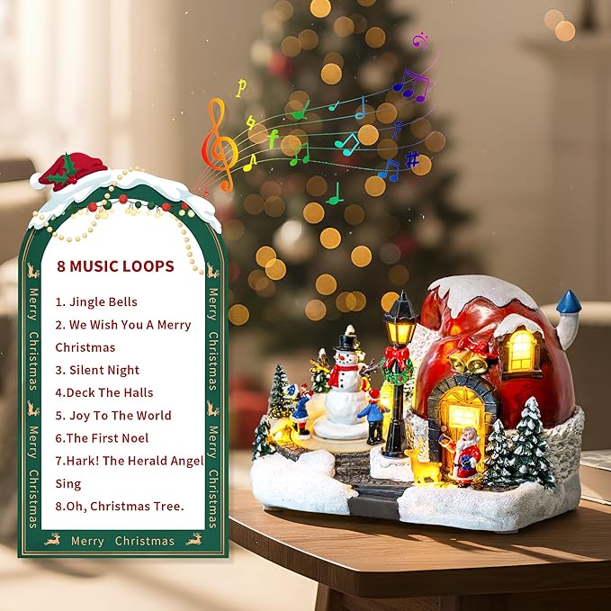 Christmas Village Lighted Musical Collectible Buildings - USB-Powered Santa's Hat House Scene with Snowman, Animated Holiday Figurines, LED Lights & Festive Music for Xmas Decor and Home Decorations