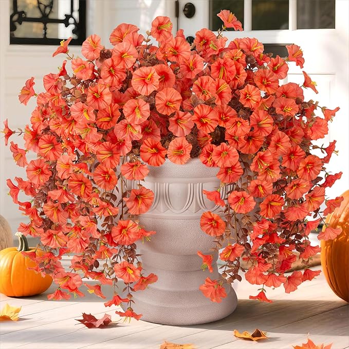 Ivydale 2 PCS Artificial Fall Hanging Flowers Fake Plants Outdoor,Silk Morning Glory Faux Flowers with Eucalyptus Leaves,UV Resistant Realistic Mums Plants for Home Garden Decor (Orange)