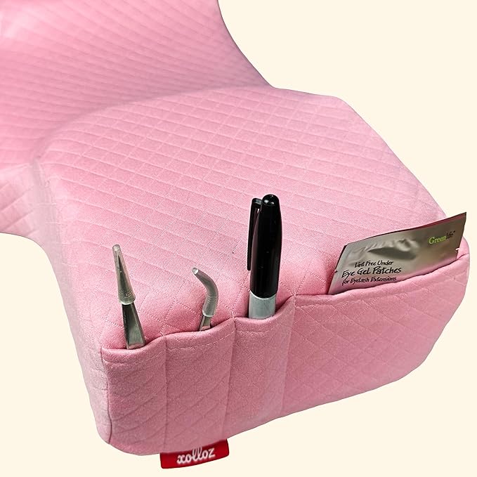 Pillow for Eyelash Extensions - Curved Memory Foam Lash Bed Pillow with Neck and Back Support, Perfect Pillow for Eyelash Extensions, Two Pockets for Tools On The Sides of Pillow (Pink)