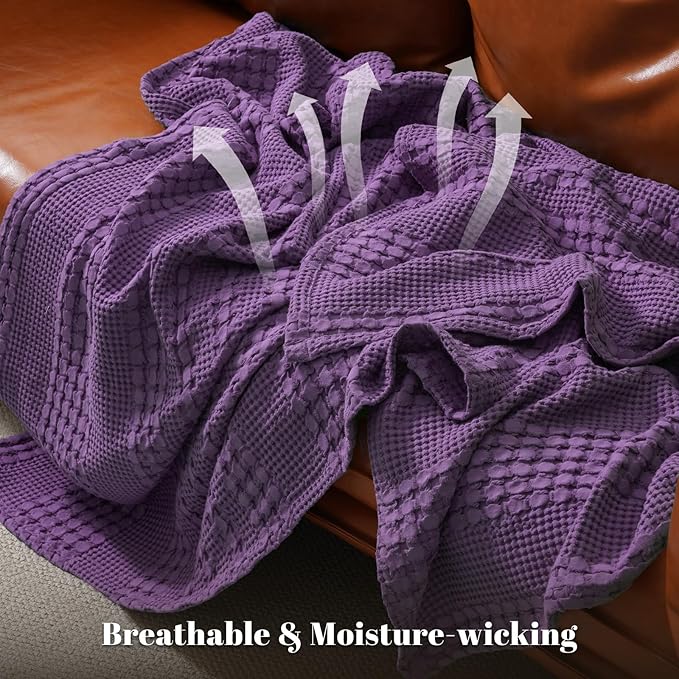 PHF 100% Cotton Waffle Weave Blanket King Size, Soft Lightweight Breathable Cozy Summer Blankets for Bed, Luxury Aesthetic Woven Bedding for Home Decor, 108"x90", Grape Purple