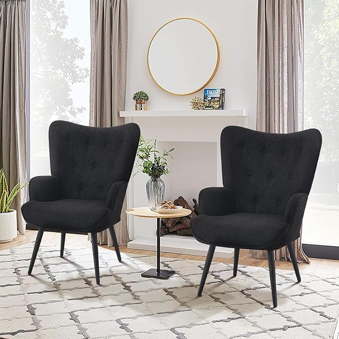 Furnimart Mid-Century Modern Accent Chairs Set of 2, Black Sherpa Wingback Reading Chairs with High Backrest, Armchair for Living Room, Bedroom, Waiting Room