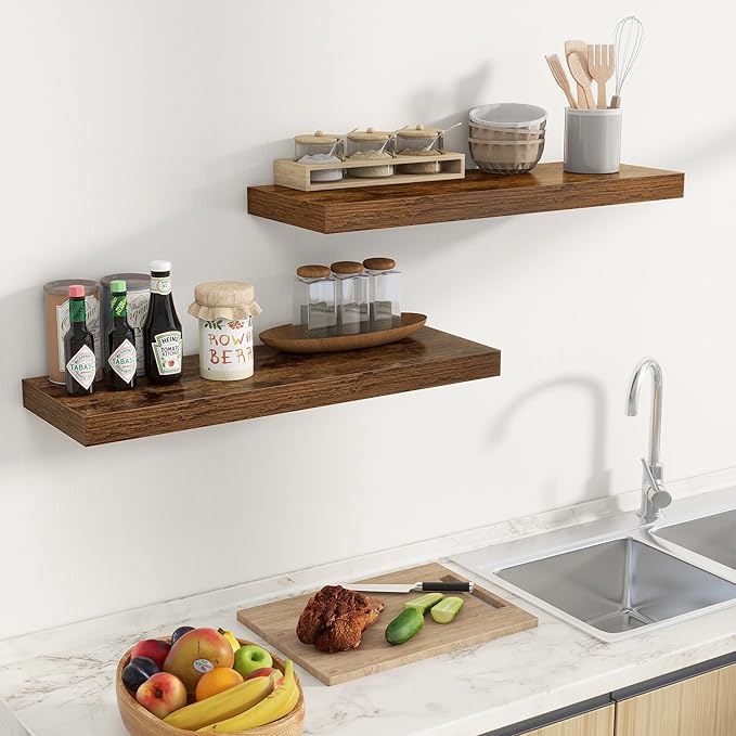 Fun Memories Floating Shelves for Wall, 32 Inch Long Floating Shelves Set of 2, 32 x 10 Wooden Shelves for Wall, Large Storage Shelves, Hanging Shelves for Bathroom Kitchen Bedroom, Rustic Brown