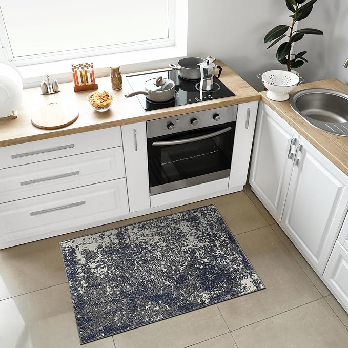 Keen Home Design Area Rugs - 2x3 Non-Shedding, Abstract Rugs for Kitchen, Living Room, Bedroom, Dining Room, Entryway - Size: 2' x 3', Navy/Grey/White