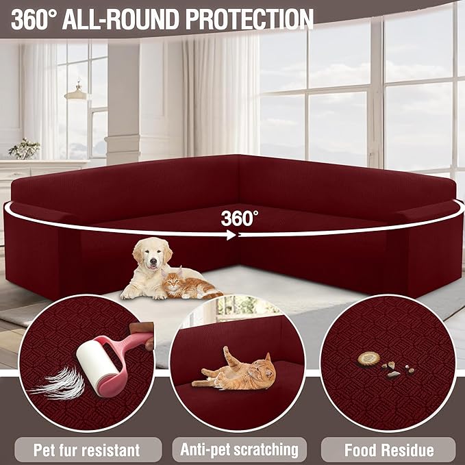 HDCAXKJ Sectional Couch Cover L Shape Stretch Sofa Covers Washable Jacquard Corner Couch Slipcover Non Slip Sectional Slip Cover U Shaped Furniture Protector for Pets Dogs (Wine Red, Small)