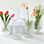 6 Pcs (H:7" W:4") Embossed Flower Vase Fall Pedestal Glass Vase Big Base Thickened Crystal Vintage Vases for Autumn Wedding Home Decor Table Centerpiece House Warming Gifts(Clear)