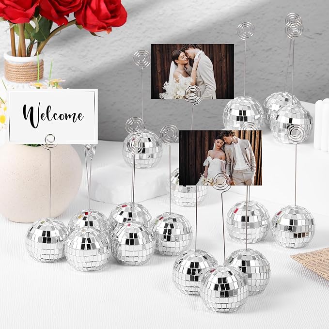 24 Pcs Disco Ball Table Number Holders, 2 Inch Silver Place Card with Swirl Wire Name Cards, Picture Holder for Tables, Photo Stand Clips for Christmas Wedding Party Favor