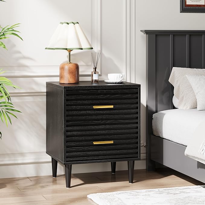 Alohappy Fluted Nightstands Set of 2, Mid Century Bedside Table for Bedroom, End Table with 2 Drawers, Modern Bed Side Table with Storage Vintage Wood Accent Table for Living Room, Black 2pcs