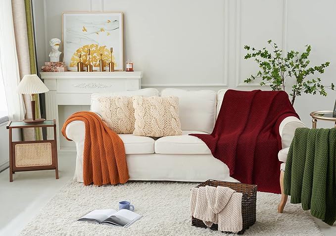 Chunky Cable Knit Throw Blanket Lightweight Wine red 100% Organic Cotton Blanket for Sofa Couch Bed Baby Nursery, Rustic Shabby Chic Modern Farmhouse, 60” x 80” Give Laundering Bag