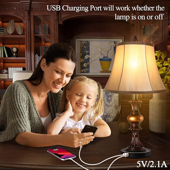 Touch Control Traditional Table Lamp Set of 2, Vintage Bedside Lamps with Dual USB Charging Ports, 3-Way Dimmable Bronze Finish Desk Lamps with Bell Shape Faux Silk Shade for Living Room, Bedroom