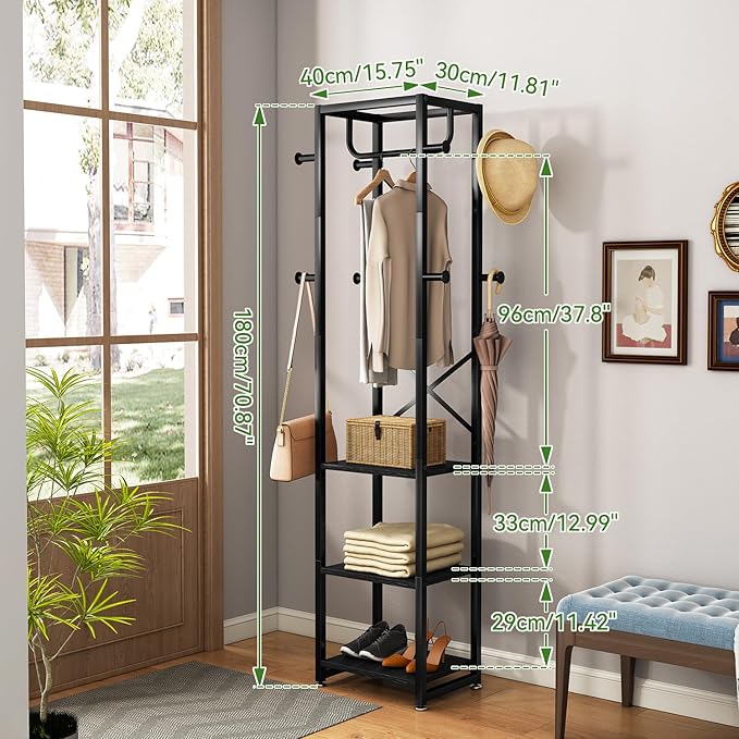 IBUYKE Coat Rack with Shelves, Freestanding Hall Tree with 3 Shelves and 8 Hooks, Industrial Clothes Stand for Entryway, Hallway, Bedroom, Black UTMJ088B