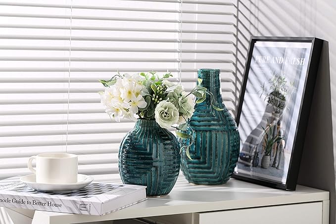 hjn Teal Ceramic Vase-Modern Decor Vases for Living Room/Bookshelf/Mantel/Home Decor Accents - Teal Texture-Small-9.4" H