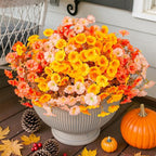 Artificial Mums for Outdoors Fake Fall Flowers Plants for Autumn Decoration, 12 Bundles Silk Morning Glory with Eucalyptus Look Real UV Resistant Faux Mums for Outside Planters Yard Patio Porch, Mix