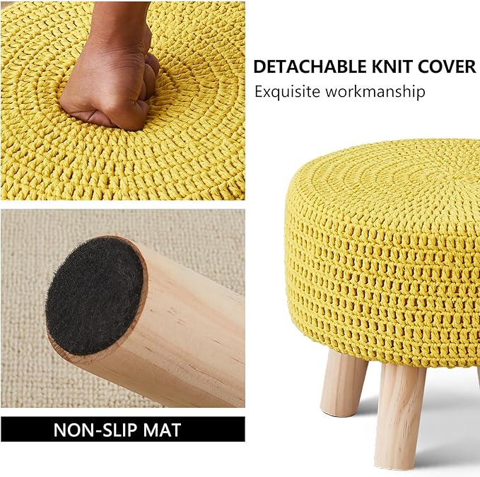 Wimarsbon Small Ottomans, 100% Hand Knitted Pouf, Round Footrest with 4 Non-Skid Wood Legs, Boho Décor Cotton Rope Pouffe Beside Sofa, Leisure Floor Step Chair for Living Room (Yellow)