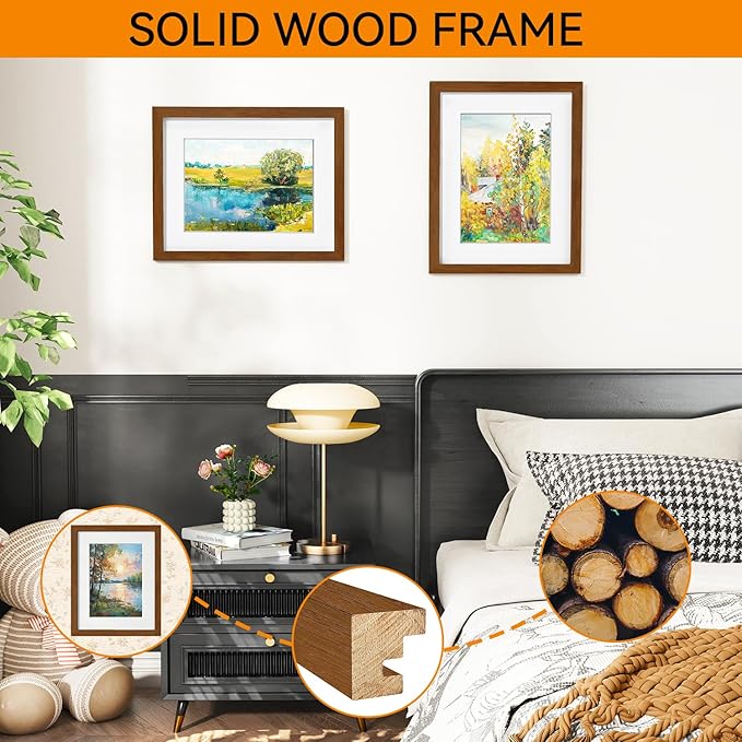 IBUYKE 11 x14 Picture Frame,Solid Oak Wood 11x14 Photo Frame with Mat to 8x10,11x14 Picture Frames With Tempered Glass,Wall Mount Display,Home Decor,Walnut Oak 14 x 11 Frame,UWPF1114H