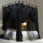 4 Corners Post Princess Curtain Bed Canopy Double Layer Cozy Mosquito Net Mesh and Cloth for Girls Adults Bedroom Decoration (Double-Black/Black, 53" W*78" L*82"*H/(Full))
