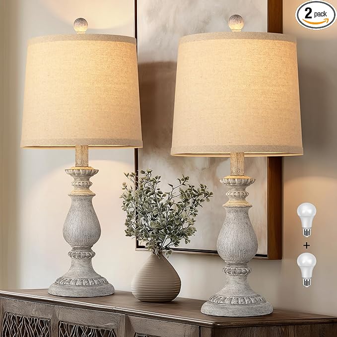 QiMH Farmhouse Table Lamp Set of 2, Rustic Table Lamps for Living Room, Vintage Nightstand Lamp with Rotary Switch, Beside Lamps for Bedroom, Traditional Table Lamps with Linen Shade, Antique Grey