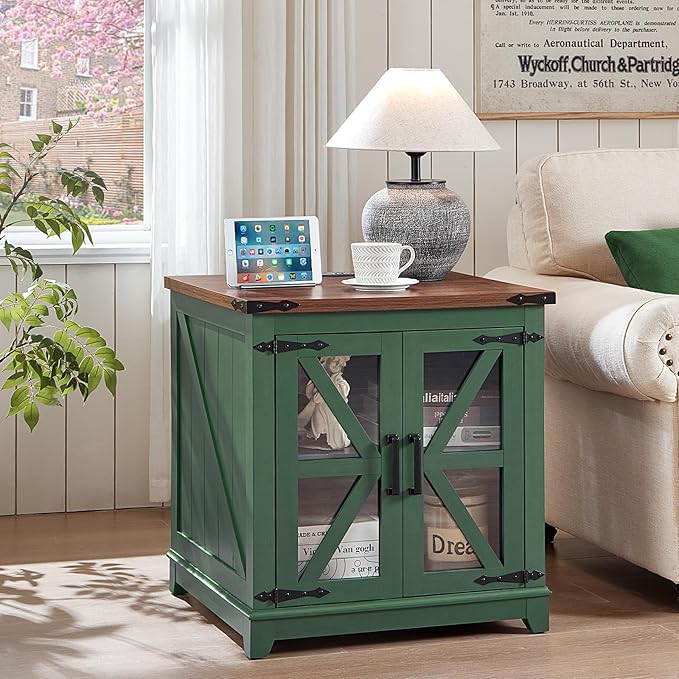 Farmhouse End Table with Charging Station Set 2, 24" Large Sofa Side Table with Glass Barn Door, Nightstand with Adjustable Storage Shelf, Wood Square Bedside Table for Living Room, Bedroom