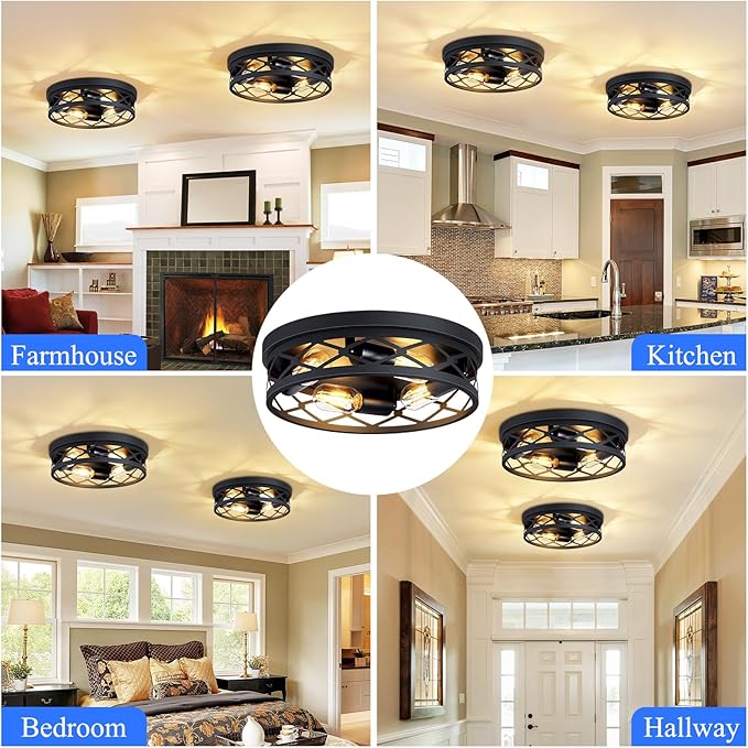 Flush Mount Ceiling Light Fixture,Ceiling Light Fixture for Hallway, Black Hallway Light Fixtures Ceiling,Light Fixtures Ceiling Mount for Kitchen,Farmhouse,Hall (2 Pack) (13.99inch)