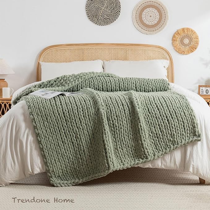 Chunky Knit Blanket Throw, 100% Hand Knit Throw Blanket Handmade Chenille Cable Knit Throw for Couch, Stylish Cozy Soft Rope Knot Crochet Blanket for Home Decor, Sage Green, 60x80 Inches
