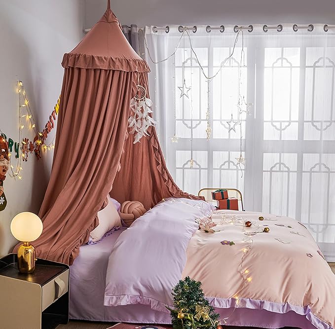 VETHIN Bed Canopy for Girls,Princess Round Dome Dreamy Mosquito Net Bedding Girls Room Castle Play Tent Hanging House Decor Reading Nook Canopies (JujubeRed)