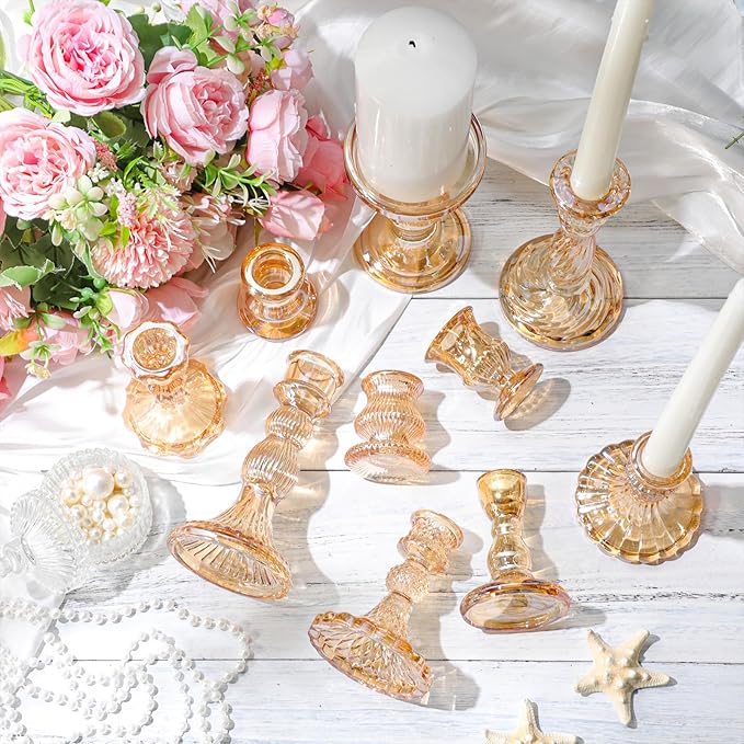 Mumufy 20 Pcs Glass Crystal Taper Candle Holders Clear Glass Candlestick Holder Fit 0.8 Inch Candles Crystal Decorative Candle Stand Centerpiece Table Wedding Dining Party (Gold)