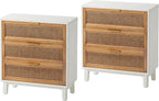 COZAYH Farmhouse 3-Drawer Nightstand, Set of 2 Rattan Cane Front Accent Dresser with Brass Pull, Distressed White