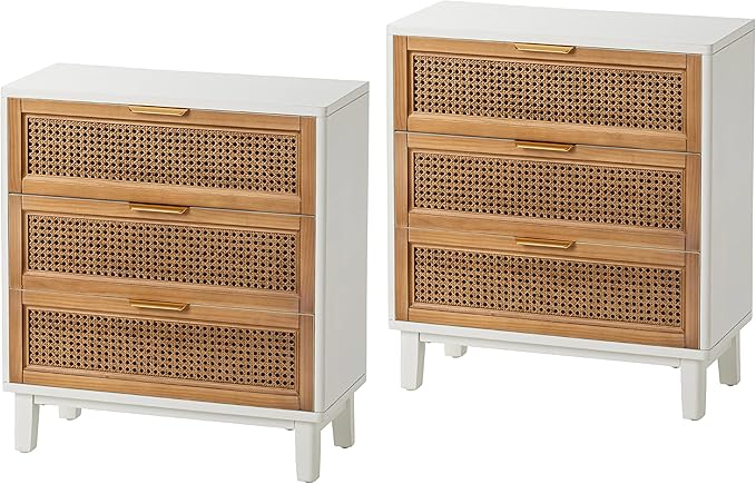 COZAYH Farmhouse 3-Drawer Nightstand, Set of 2 Rattan Cane Front Accent Dresser with Brass Pull, Distressed White