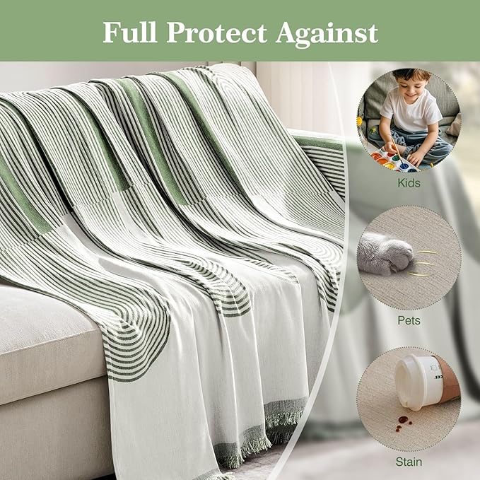 Couch Cover Boho for Dogs Washable Green Couch Covers for 2 Cushion Couch, Chenille Sectional Couch Covers L Shape Sofa Cover, Furniture Protector for Kids, Pets, Green 91" X118"