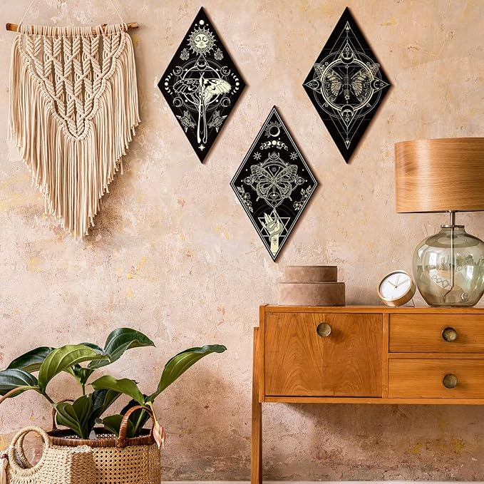 Sintuff 6 Pieces Halloween Gothic Wall Decor Boho Sun Moon Phases Wall Art Gothic Minimalist Stars Sun Hanging Wooden Home Decor Farmhouse Pediments for Gallery Living Bedroom Room(Mysterious)