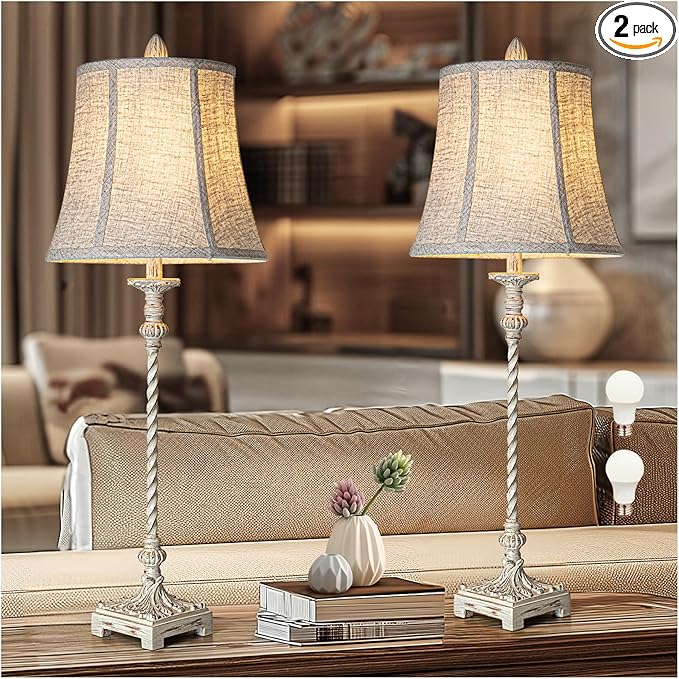 LuxSight European Country Vintage Style Candle Stick Buffet Table Lamps Set of 2, 33'' Tall Ivory White Linen Fabric Soft Bell Shade Stepless Dimming for Living Room Bedroom Dinning House Study Room