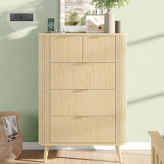 Alohappy Fluted 5 Drawers Dresser for Bedroom, 48" Tall Mid Century Modern Chest of Drawers with Curved Profile Design, Wood Storage Dressers for Closet Bedroom, Living Room, Hallway, Entryway