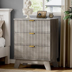 Fluted Nightstand with Charging Station, 24" Wide Bedside Table with 3 Large Storage Drawers, Modern Wood Side Table Night Stand, End Table Small Dresser for Bedroom, Living Room, Dorm, Grey