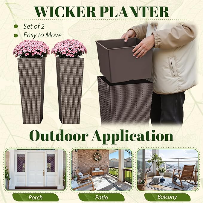 JUMMICO Set of 2 Resin Rattan Tall Planters for Outdoor Plants, Large Tapered Planters with Drainage Holes&Inner Trays, Flower Pots for Garden, Patio, Porch, Backyard (Brown, 32'')