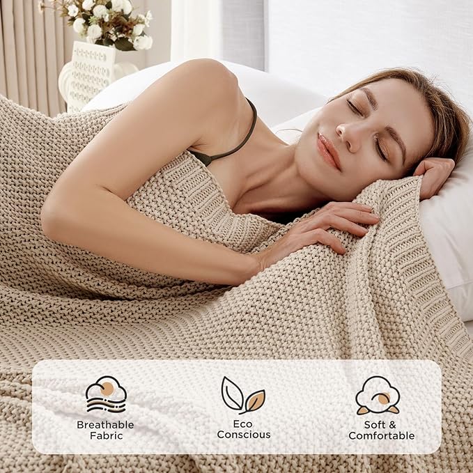 Joydeco Chunky Cable Knit Throw Blanket, Lightweight 100% Organic Cotton Soft Cozy Throw Twin Blanket for Couch Bed and Sofa, Rustic Breathable Farmhouse Blanket Gift for Women Men(Beige, 60"x80")