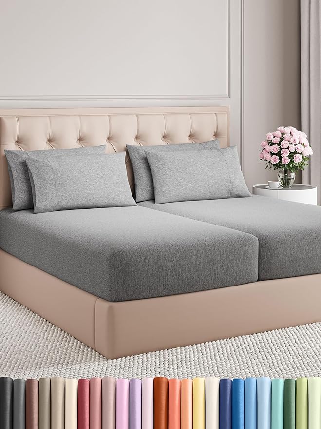 Split King Sheets Set 7 Piece - Includes 4 Pillowcases - Bed Sheets Split King - Soft Hotel Luxury Bedding - Cooling & Breathable - 1 Flat & 2 Fitted & 4 Pillowcases w/ Deep Pockets - Heathered Grey
