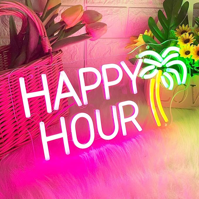 HDJSIGN Happy Hour Neon Signs Coconut Palm Tree Pink Neon Bar Light Sign for Wall Decor Home Bar Club Coffee Pub Hotel Decor USB Operated Led Sign Game Room Bedroom Home Decor Birthday Wedding Sign