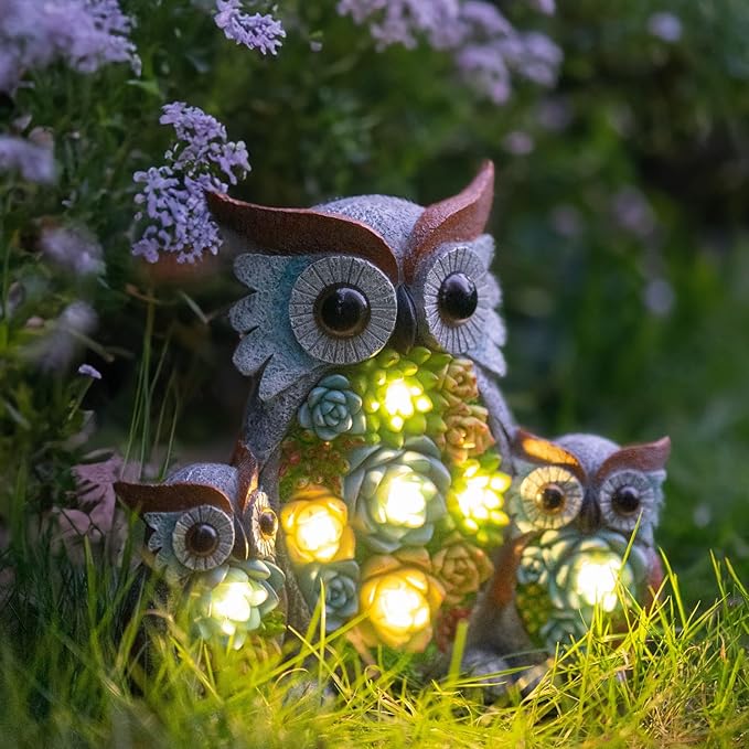 Solar Garden Statue Lights Owl Figurine with LED Lights, Outdoor Garden Succulent Ornaments, Mothers Day Mom Gifts for Outside Patio Yard Lawn Decor