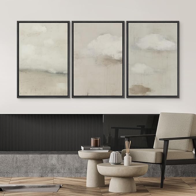 SIGNWIN Framed Canvas Print Wall Art Soft Neutral Cloudscape Minimalist Sky Photography Modern Art Minimalist Black and White for Living Room, Bedroom, Office - 24"x36"x3 Black